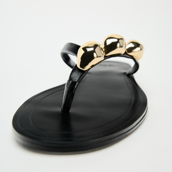 Zara Flat Leather Sandals with Decorative Detail - Picture 3 of 8